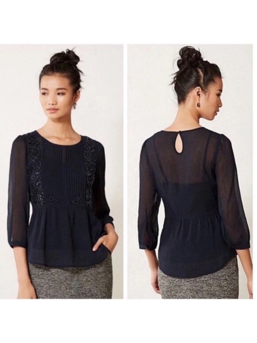 Anthropologie Maeve Helene Blouse Embellished Sequins Beads Navy Women’s Size 6